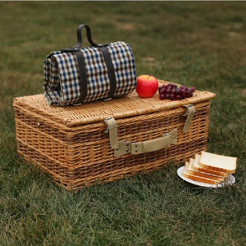 Antique Large Wicker Picnic Basket with Table Mat for 4 People Home Storage Baskets Vintage wicker Picnic Basket Set for Family