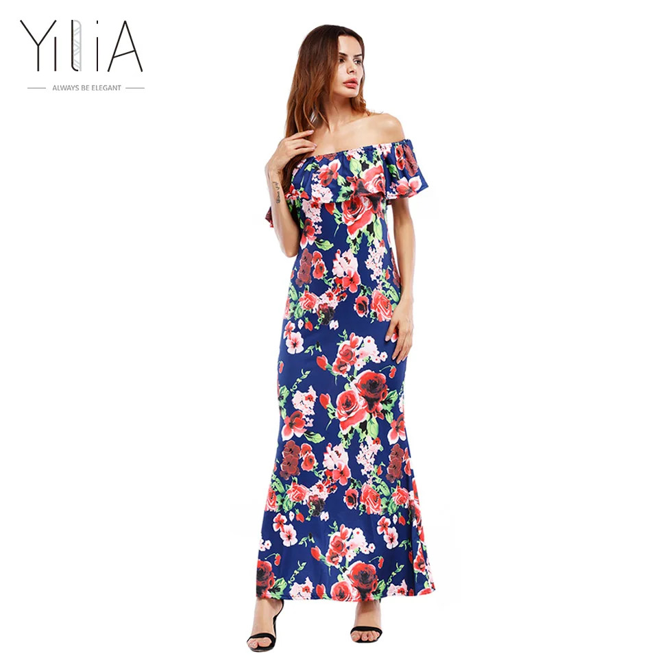 Yilia 2017 Sexy Spring Summer Off Shoulder Floral Print Maxi Long Dress Ruffle Boho Women Elegant Casual Hot Beach Party Dresses long-floral-maxi