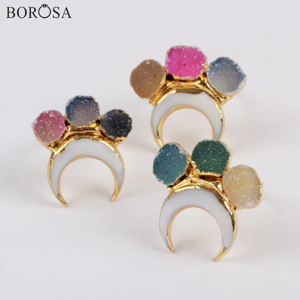 

BOROSA 5Pcs New Arrival Gold Electroplated Horn White Shell & Three Rainbow Agates Druzy Ring Jewelry for Wholesale G1838