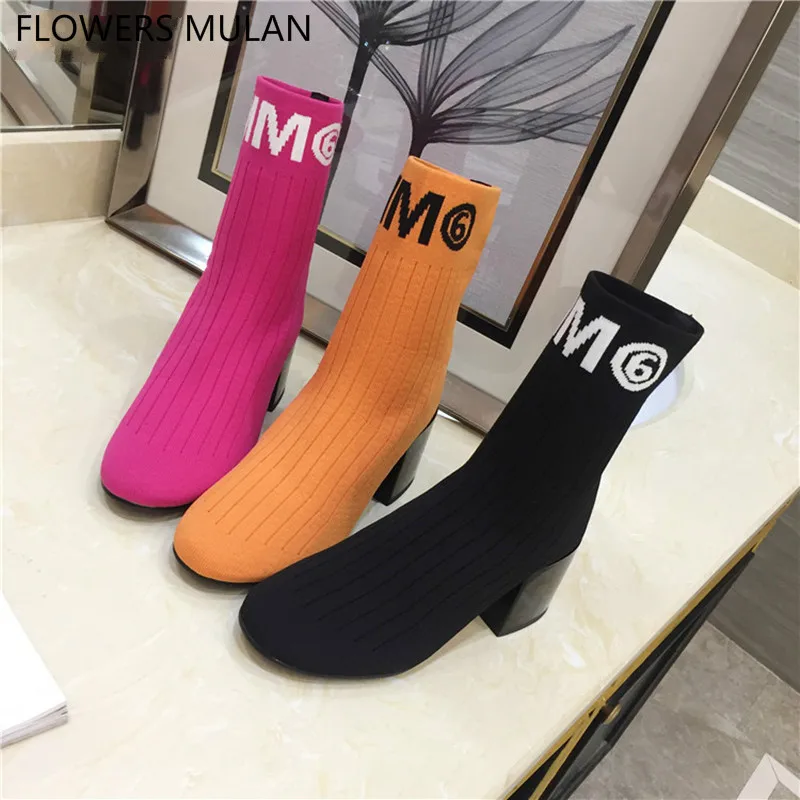 

Rose Red Yellow Black Stretch Fabric Sock Boots For Women Round Toe Middle Chunky Heel Shoes Woman Slip On Zapatos De Mujer