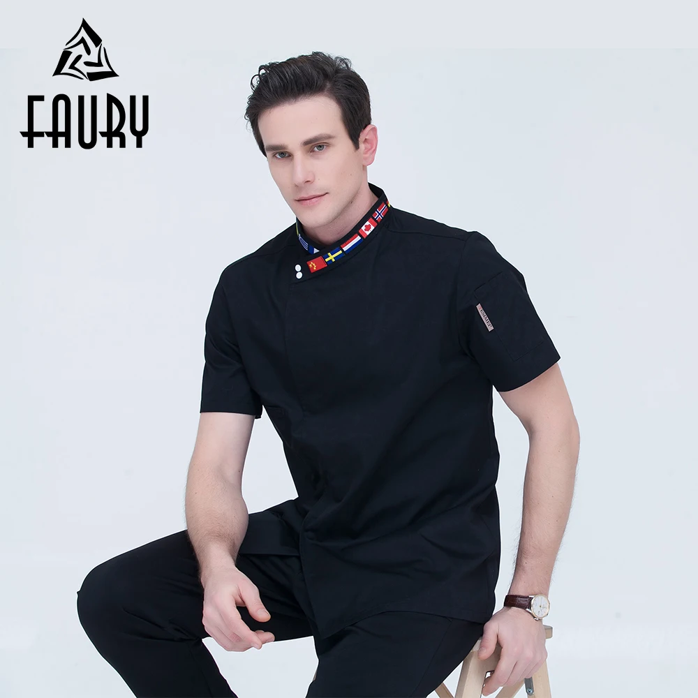 

Unisex Black White Country Flag Oblique Embroidery Collar Breasted Short Sleeve Summer Restaurant Cafe Chef Jacket Work Uniform