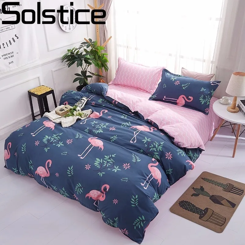 Billige Solstice Cartoon Rosa Flamingo Bettwäsche Sets 3 4 stücke kinder Junge Mädchen Und Erwachsene Bett Auskleidungen Bettbezug Bett Blatt kissenbezüge