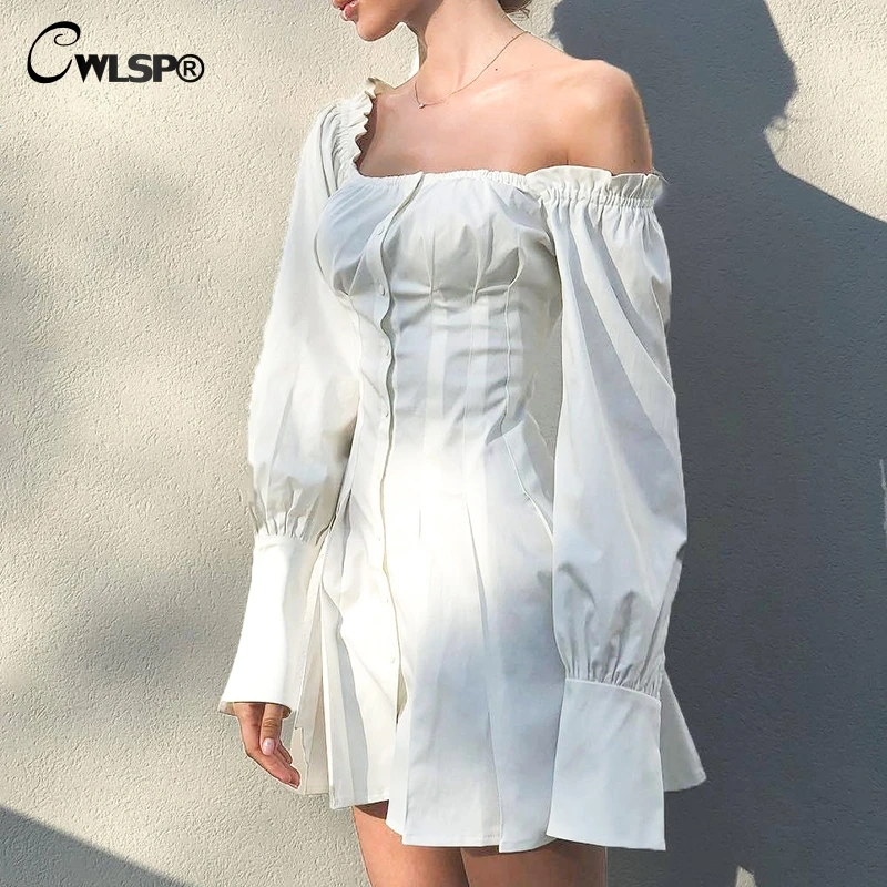 CWLSP otoño blanco Mini vestidos mujeres Slash Neck manga larga imperio Vestido botón una línea lechuga-borde ropa mujer 2018 QL4108 CWLSP otoño blanco Mini vestidos mujeres Slash Neck manga larga imperio Vestido botón una línea lechuga-borde ropa mujer 2018 QL4108