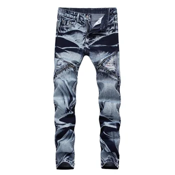 

Men's Printed Pleated Biker Jeans Men Slim Skinny Motocycle Ripped Holes Zippers Retro Denim Trousers for Male Pants