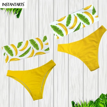 

INSTANTARTS Bandeau Woman Bikini Set Banana Leaves Yellow Two-piece Swimming Suits Bathing Padded Push Up Triangle Bodysuits
