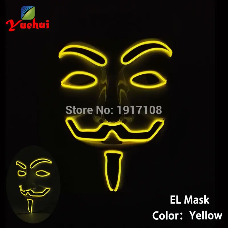 10 цветов, опция Вендетта, EL wire, маска, мигающий, косплей, светодиодный, маска, костюм, аноним, маска для светящихся танцев, маски для карнавала вечеринки - Цвет: Yellow