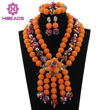 

Romantic Orange Bridal Beads African Jewelry Set Women Colorful Crystal Balls Chunky Statement Jewelry Free ShippingABL601