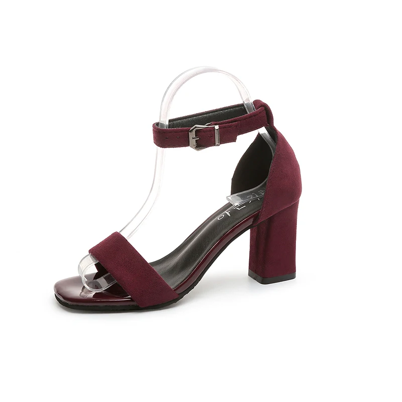 Женские босоножки из флока; Повседневные Вечерние туфли на высоком квадратном каблуке с открытым носком; женские босоножки из искусственной замши с ремешком на щиколотке и пряжкой - Цвет: Red wine 7CM