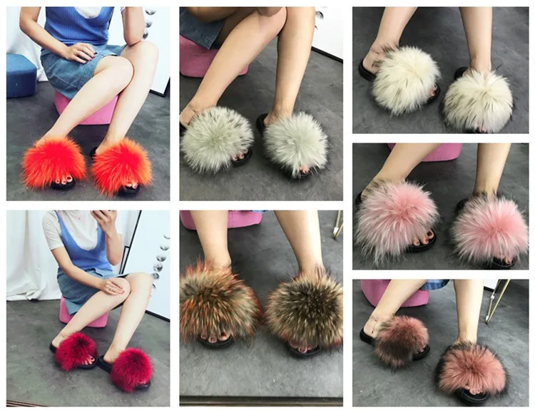 Женские шлепанцы с натуральным мехом енота ZDFURS * повседневные летние лисьим