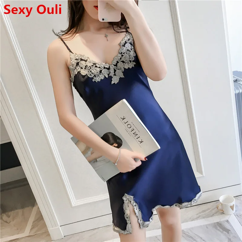 

Ladies Sexy Silk Satin Nightgown Sleeveless Nightdress V-neck Sleepshirt Lace Nighties Summer SLeep Dress Night Dress For Wome