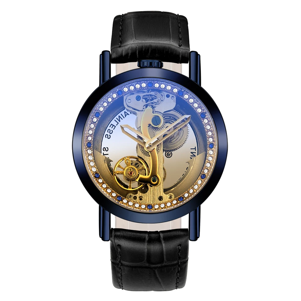 

2019 Luxury Fashion Brand Blue case Mens Watches Single Bridge Transparent Skeleton Automatic Mechanical Tourbillon Wristwatches