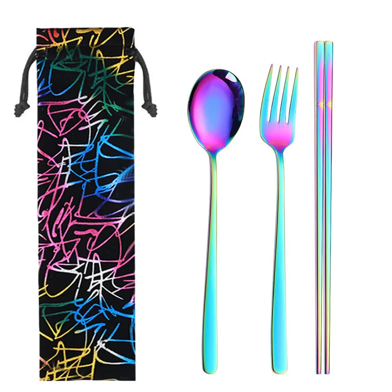 2019new Stainless Steel Cutlery Portable Cutlery Set Chopsticks Spoon Fork Reusable Straw and Portable Dinnerware Bag for Travel