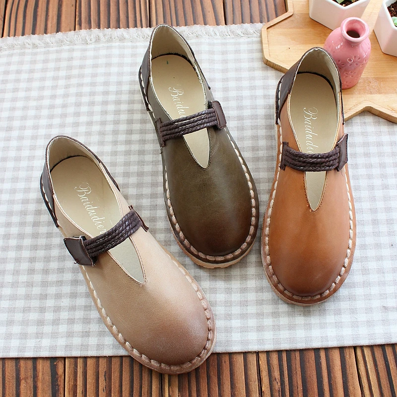 Confortable Beige vert Occasionnels Véritable Ronde Chaussures Main Littéraire Rétro Cuir Femmes En Plat Tête Fond Poupée Mou Belle Unique marron pwTK6xHKfq