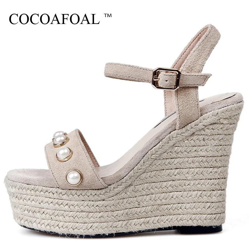 

COCOAFOAL Women Peep Toe Wedges Sandals Big Size 33 Sexy Plataforma Sandals Summer Strappy Genuine Leather High Heels Pumps 2018