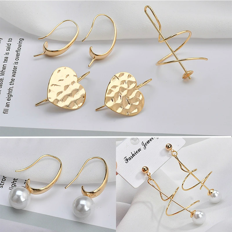 

Copper plated 18K gold retro peach heart curve earring, sticky pearl DIY earnail ear accessories jewelry making supplies