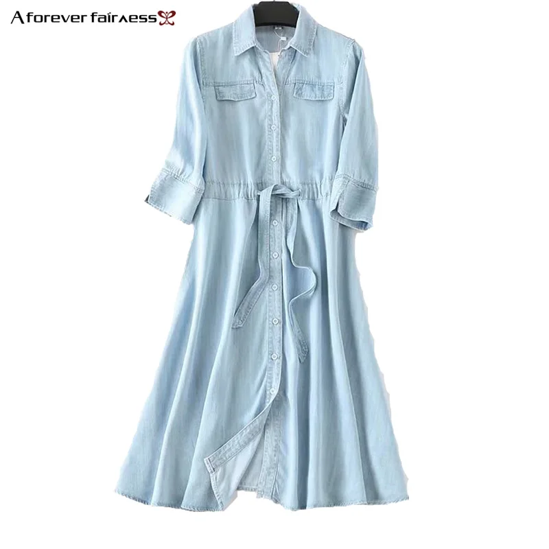 

A Forever Summer New Fashion Women Denim Dresses Half Sleeves Soft With Belt Dress Cotton Women Denim Dress M-854