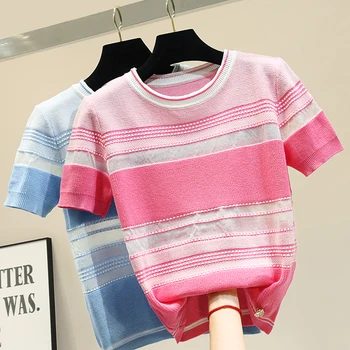 

2019 New Summer All-match Women Knitted Top Gradient Color Pink Striped Short Sleeve Basic Top Female Knitting T-shirt