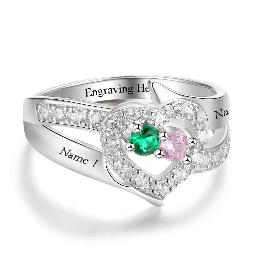 Personalized Gift Birthstone Custom Engrave 2 Names Promise Ring 925 Sterling Silver Anniversary Jewelry (JewelOra RI103271)