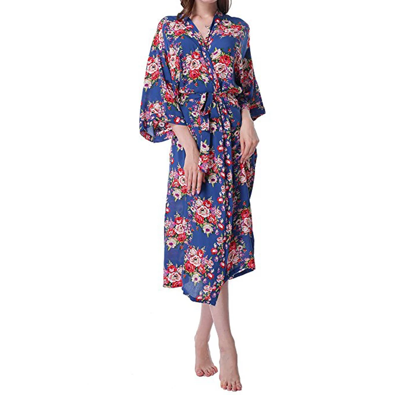Sexy Blue Lengthen Bridesmaid Robes Women Cotton Floral Robe Bridal