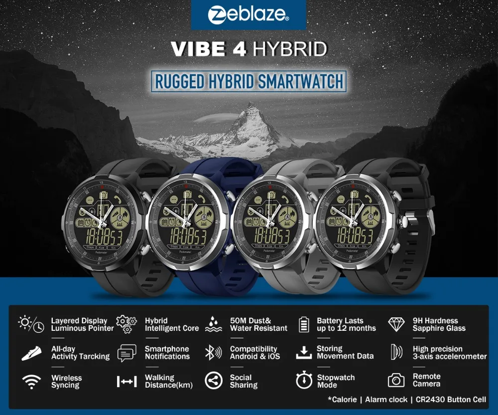 2 лет время работы в режиме ожидания: Zeblaze новые спортивные Смарт-часы VIBE 4 HYBRID Smartwatch IP68 50 м Водонепроницаемый световой направляющий выступ шагомер