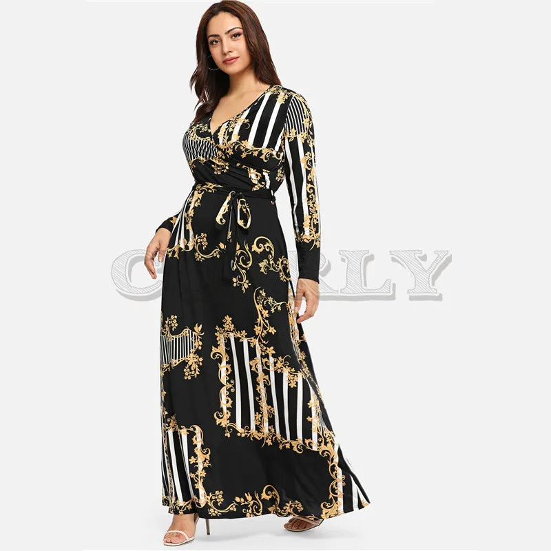 Image CUERLY Plus Size Black Mixed Print Striped Casual Dress Women 2019 Spring Fashion Long Sleeve A Line High Waist Maxi Dress