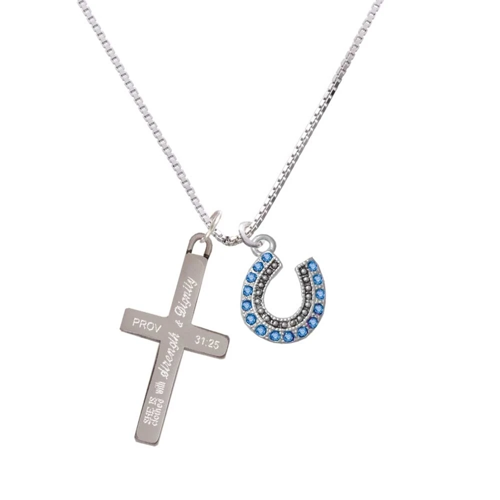 Beaded Blue Crystal Horseshoe with Good Luck - Strength and Dignity - Cross Necklace