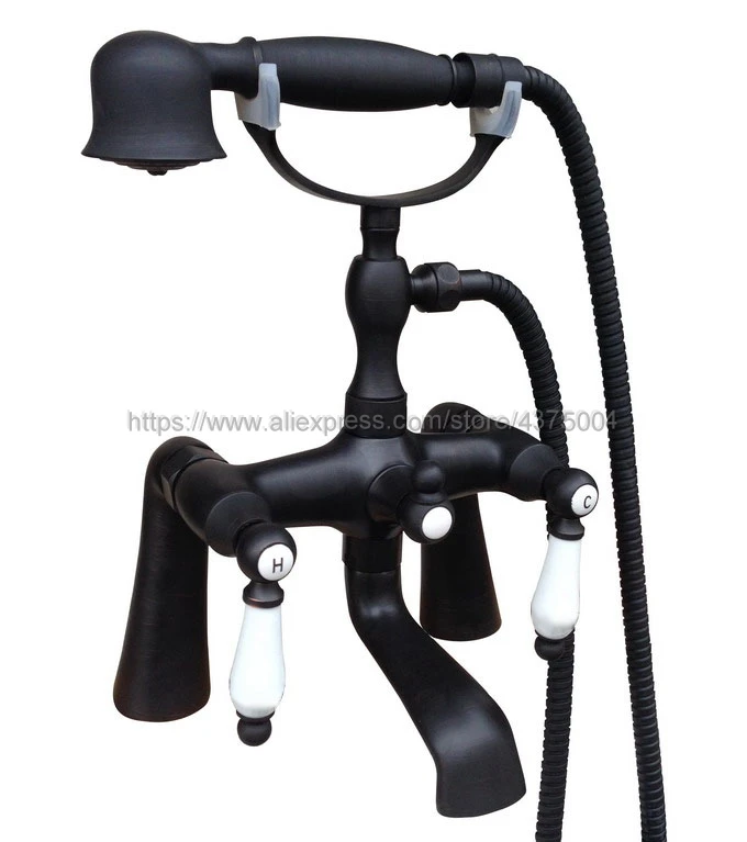 

Black Oil Rubbed Brass Dual Handle Bathroom Tub Faucet Deck Mounted Bathtub Mixer Taps with Handshower Ntf505