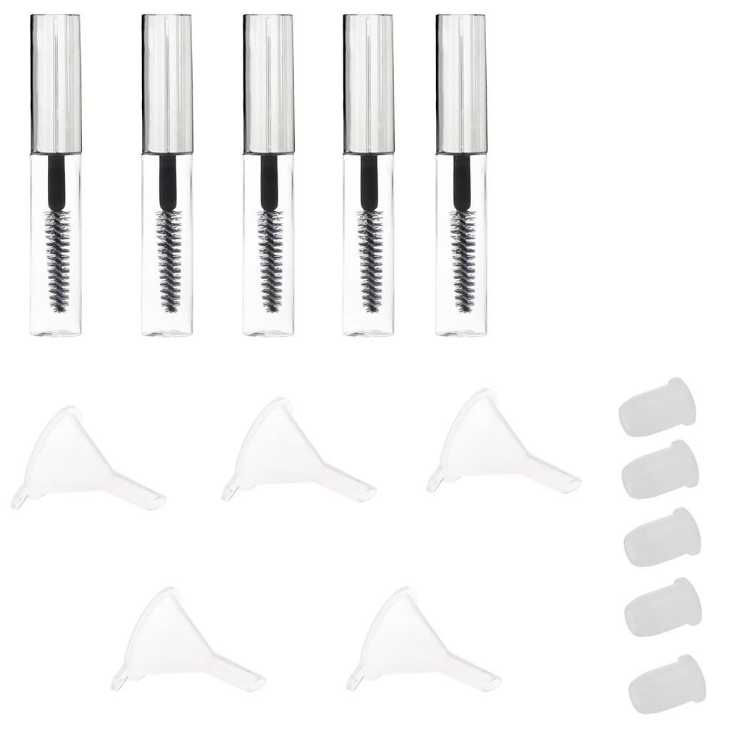 5 Bottles Mascara Container Tubes Vials with Eyelash Wand, Refillable With Funnels, Portable Comestic Kit 4ml