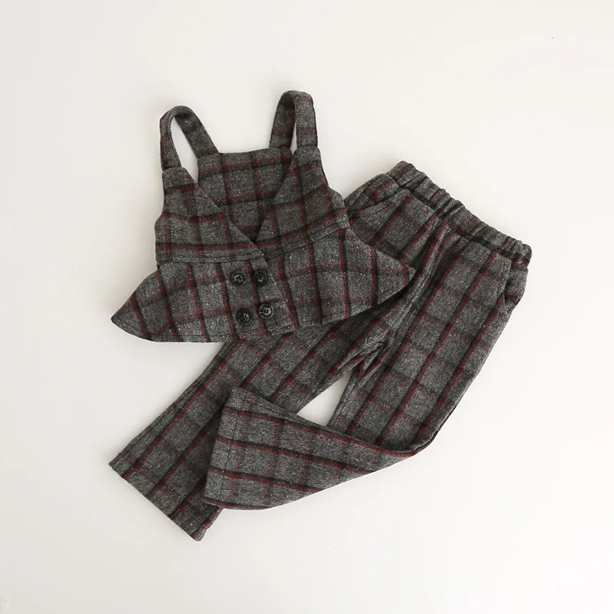 

Morningwell autumn tracksuit for girls fashion woolen personality plaid vest + casual pants 2pcs suit toddler girl clothing sets