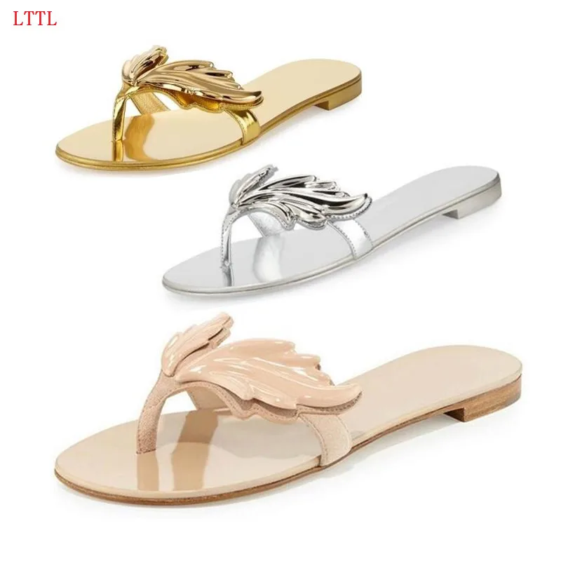 

Summer Designer Flip Flops Black Red Blue Nude Silver Gold Flat Sandals Casual Shoes Leaves Winged Slippers Women Zapatos Mujer