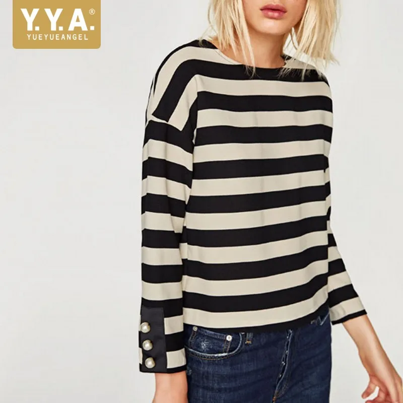 

2019 New Spring Ladies T-shirt Fashion O-Neck Striped T-shirts Casual Loose Fit Long Sleeve Female Short Tops Plus Size 2XL