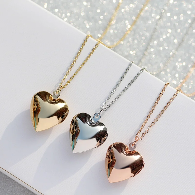 

The Latest Glossy Heart Photo Box Locket Necklace Photo Frame Opening Pendant Simple Charm Jewelry For Femme Lovers