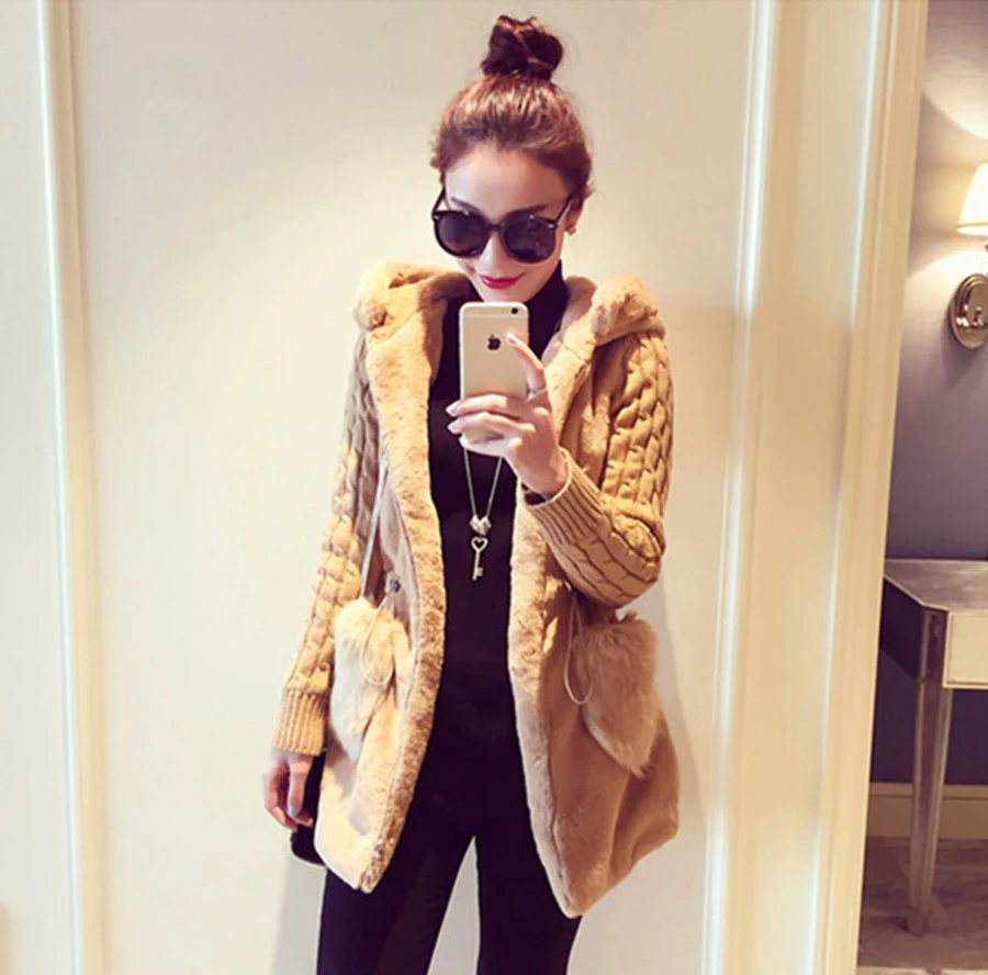 

Women Warm Faux Fur Coat Hooded Long Sweater Sleeve Big Pocket Jacket Fashion Office Overcoat Big Size Autumn Winter New Arrival