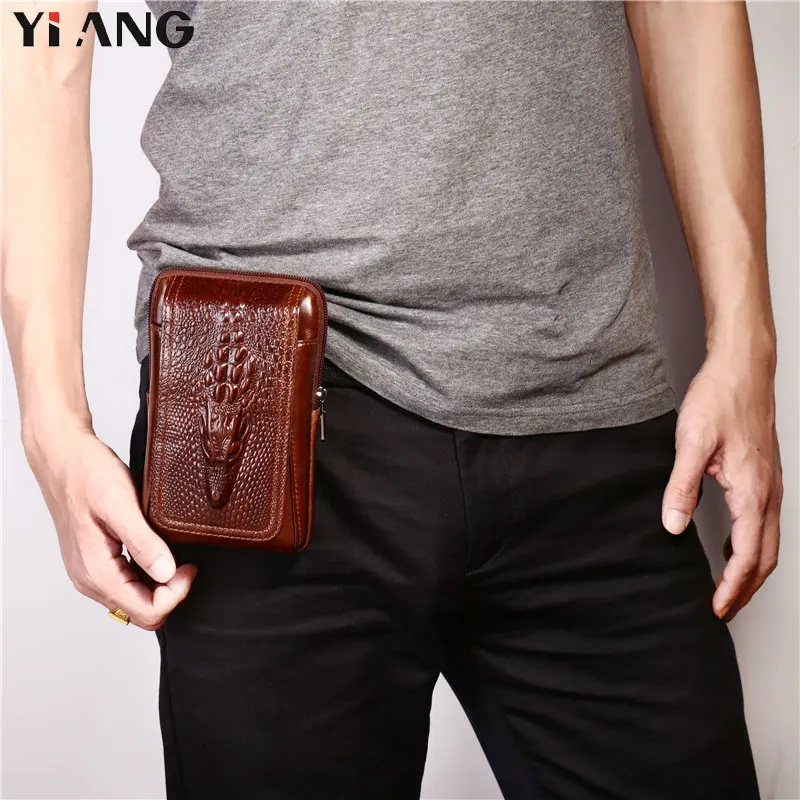 YIANG Men Crocodile Pattern Waist Packs Genuine Leather Cowhide Retro Mobile Phones Bags Belt Clip Bag Fanny Bag Cigarette Pouch