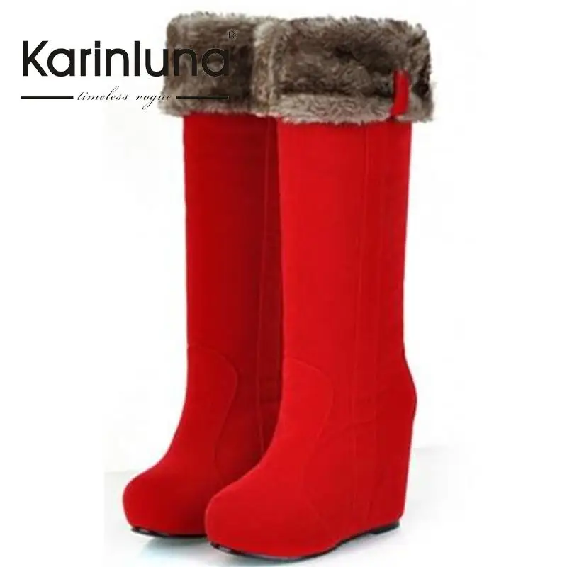 

Factory Promotion Girls Round Toe Solid Knee High Boots Catching Slip-on Women Shoes Ladies Wedges High Heel Winter Boots