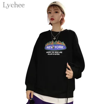 

Lychee Harajuku Flame Letter Print Women Sweatshirt Fleece O-Neck Long Sleeve Casual Loose Sweatshirt Pullovers