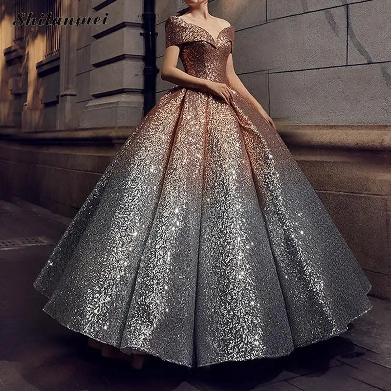

Luxury Chic Sequined Party Dresses For Women Sexy Deep V Off Shoulder Glitter Shining Evening Party Dress Female Bling Vestidos