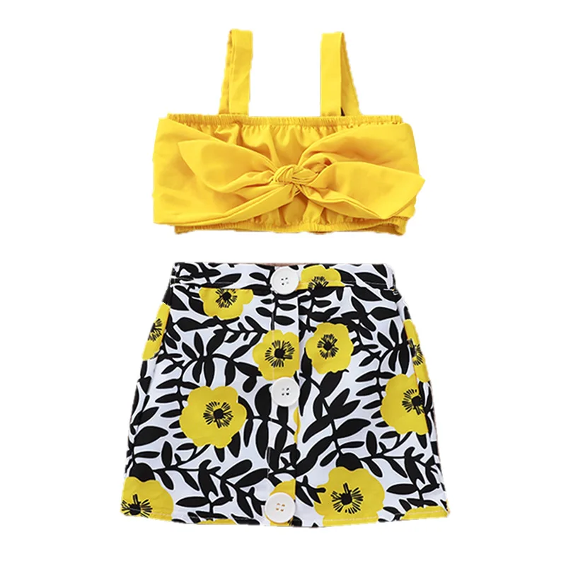 

2019 New Sale Baby Clothes 2pcs Set Newborn Baby Girl Clothes Cute Big Bow Vest Tops Flower Skirt Yellow Summer Beach Streetwear