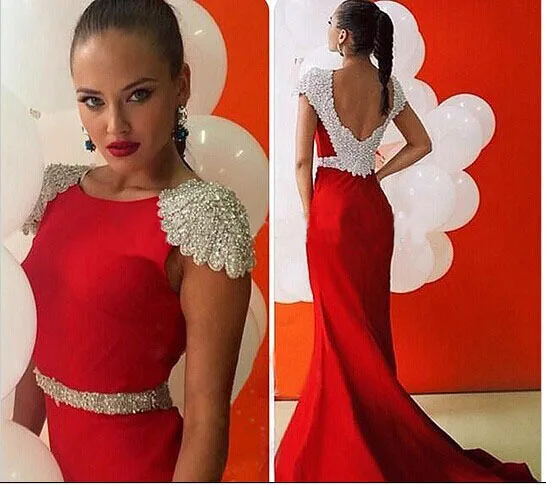 

New Robe de soiree longue 2017 Red Backless Mermaid Long Evening dresses Cap Sleeve Beaded Crystal Party Dress Vestido de noche