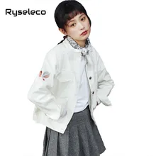 Ryseleco Spring 2018 Stand Collar Student Brief Loose Basic White Jeans Jackets Long Sleeve Geometry Embroidery Denim Tops Coats