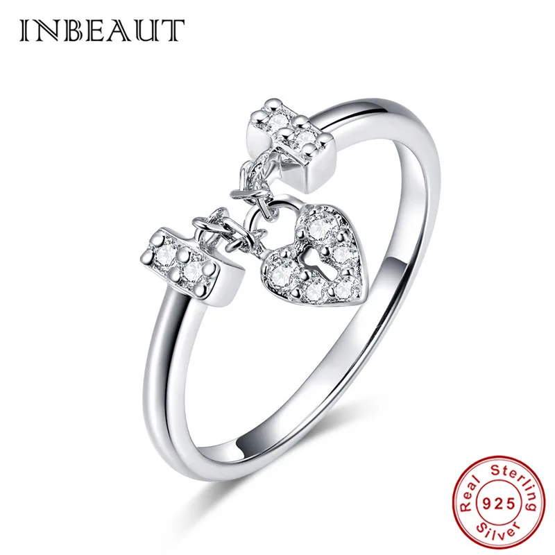 

INBEAUT 100% Solid 925 Sterling Silver Heart Zircon Lock Wedding Ring Princess Cut Heart-shaped Stone Ring Engagement Jewelry