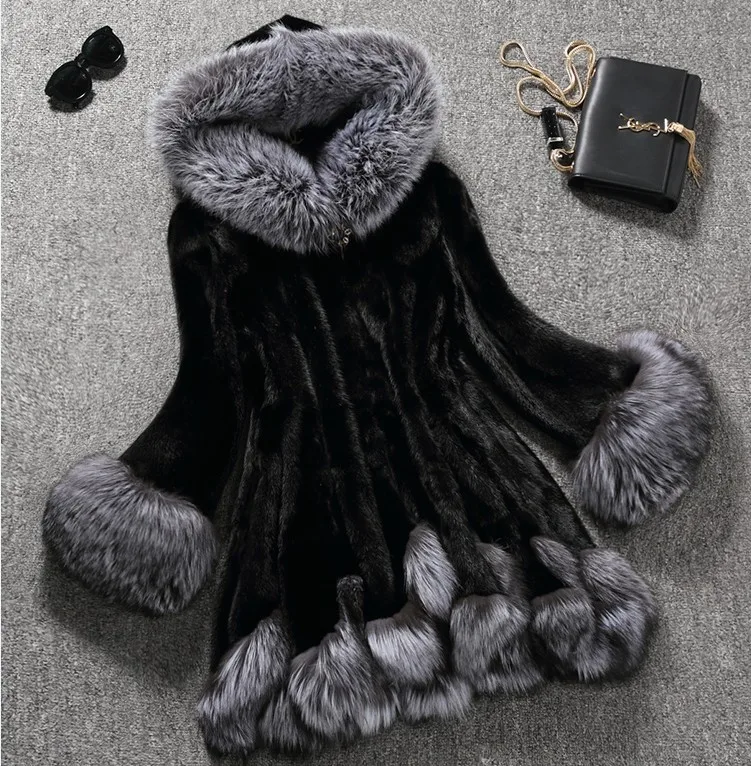 

JS286 S-6XL Thick Long Faux Fox Fur Coat Winter Warm Open Stitch Slim Plush Coat 2018 Women Cardigan With Trim Hood Fur Hat