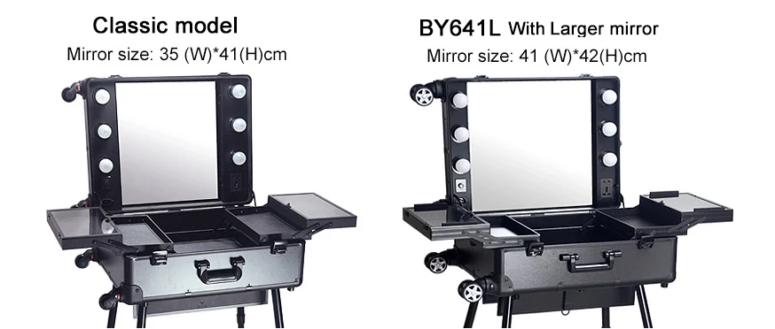Популярный алюминиевый макияж станция с подсветкой зеркало и съемные колеса, чехол для макияжа с подсветкой зеркало и ноги