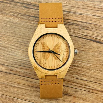 

free shipping Fashion Women Watches Natural bamboo Butterfly Dial No Numbers Quartz-watches Ladies Genuine Leather male clock