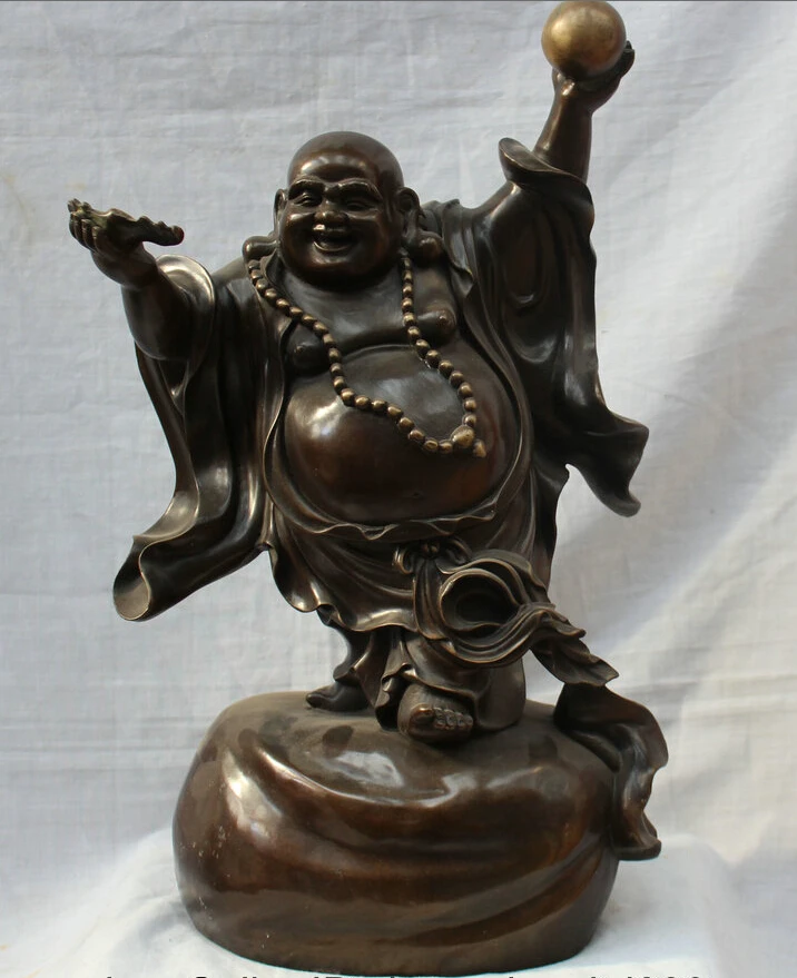 

$ $ 20" China Fengshui Bronze Stand Happy Laugh Maitreya Buddha Money Bag Statue