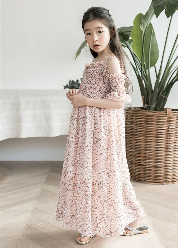 floral maxi long dress girl a line dress mother daughter clothes big girls dresses summer 2018 pink green beach holiday baby girls with sleeve teeange girls clothing (7)