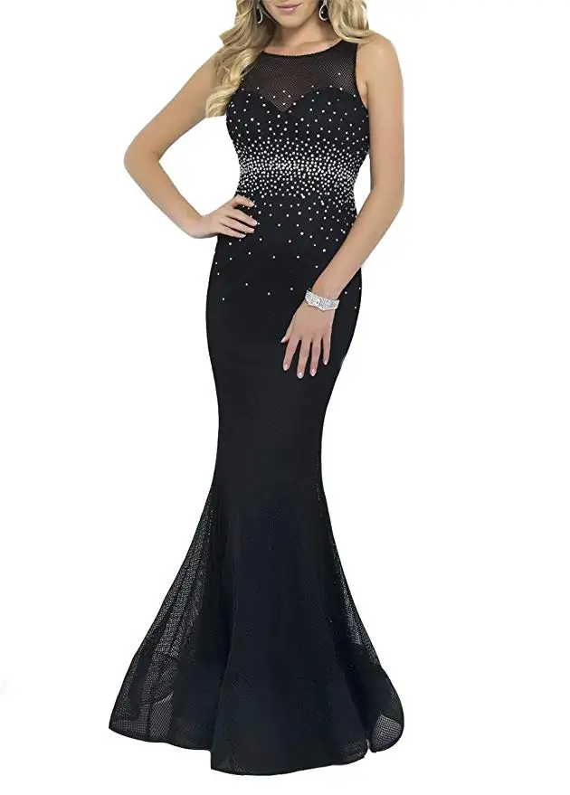 

2019 Women's Scoop Sleeveless Open Back Rhinestones Mermaid Court Train Tulle Prom Dress