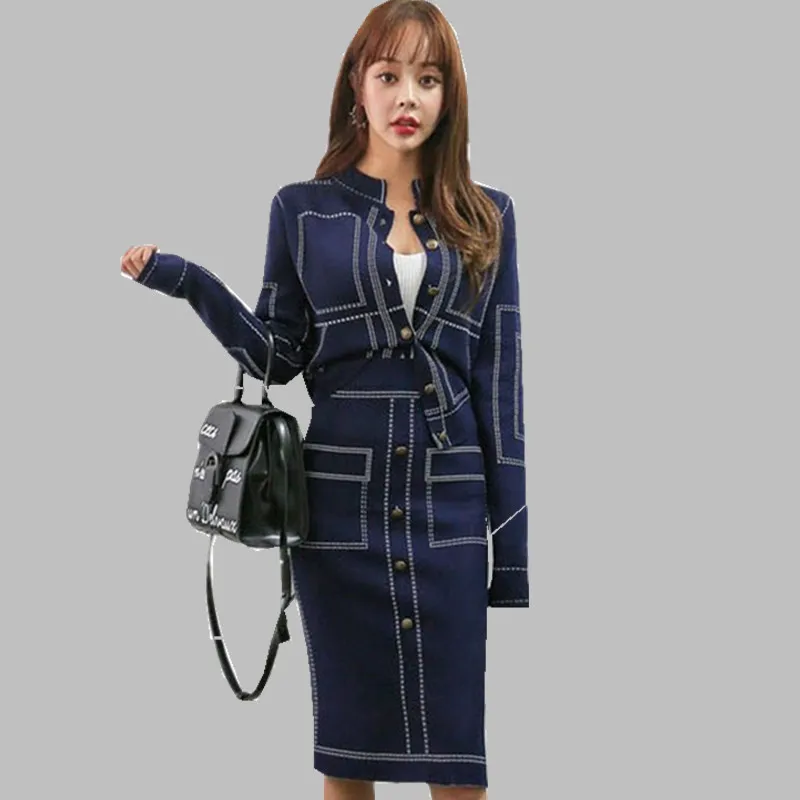 

2019 winter Printed patchwork single-breasted knit long sleeve sweater+High waist two piece Skirt set chandal mujer