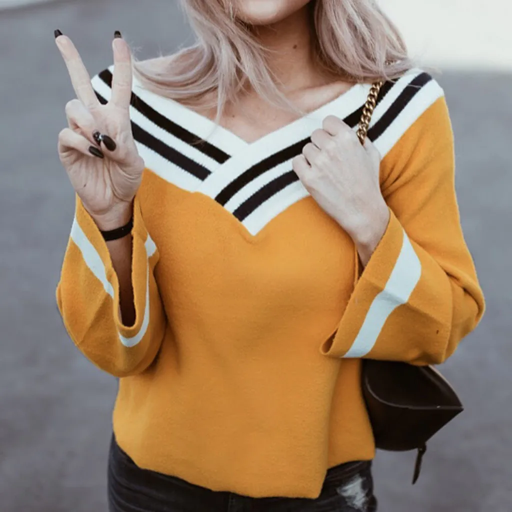 

JAYCOSIN Women's T-shirt Casual Solid V-Neck Striped Backless Patchwork T shirt Women Autumn Long Sleeve Tops Tee Tshirt 19JUL15