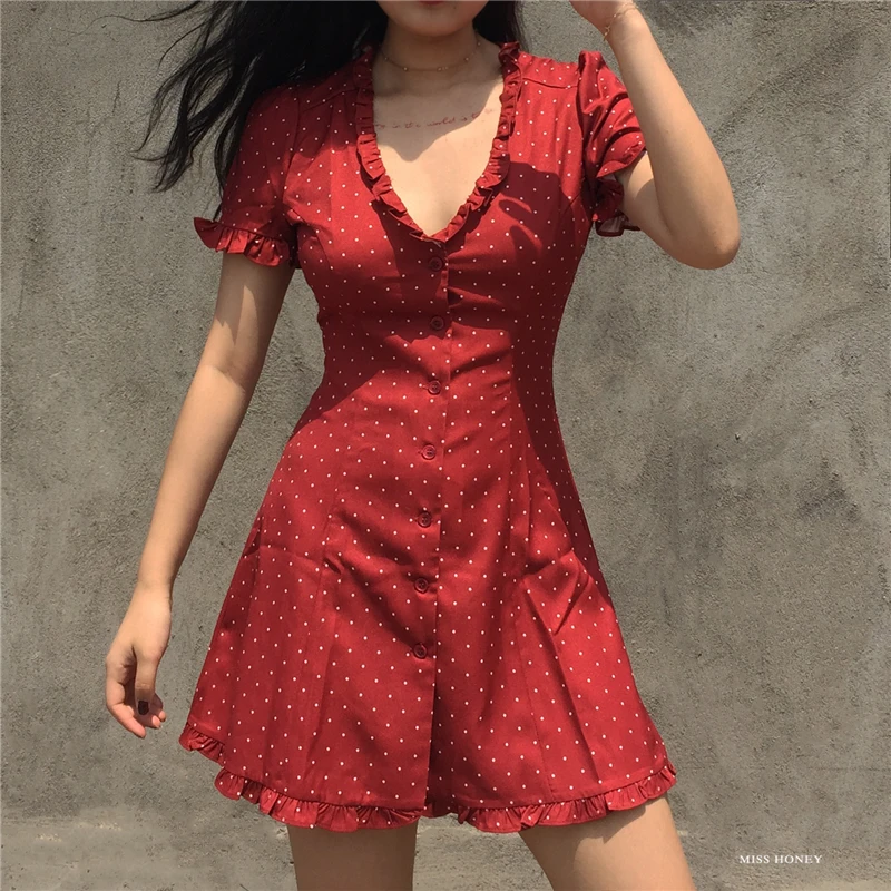 Women Print V Neck Button Up Mini Dress with Frill Trimming